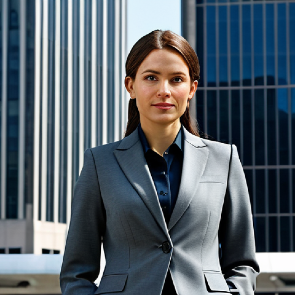 **

A professional businesswoman in a modest business suit, standing confidently in front of a modern skyscraper. Fully clothed, appropriate attire, safe for work. Perfect anatomy, correct proportions, natural pose. High-quality, professional photography, well-formed hands, proper finger count, natural body proportions, professional dress.

**